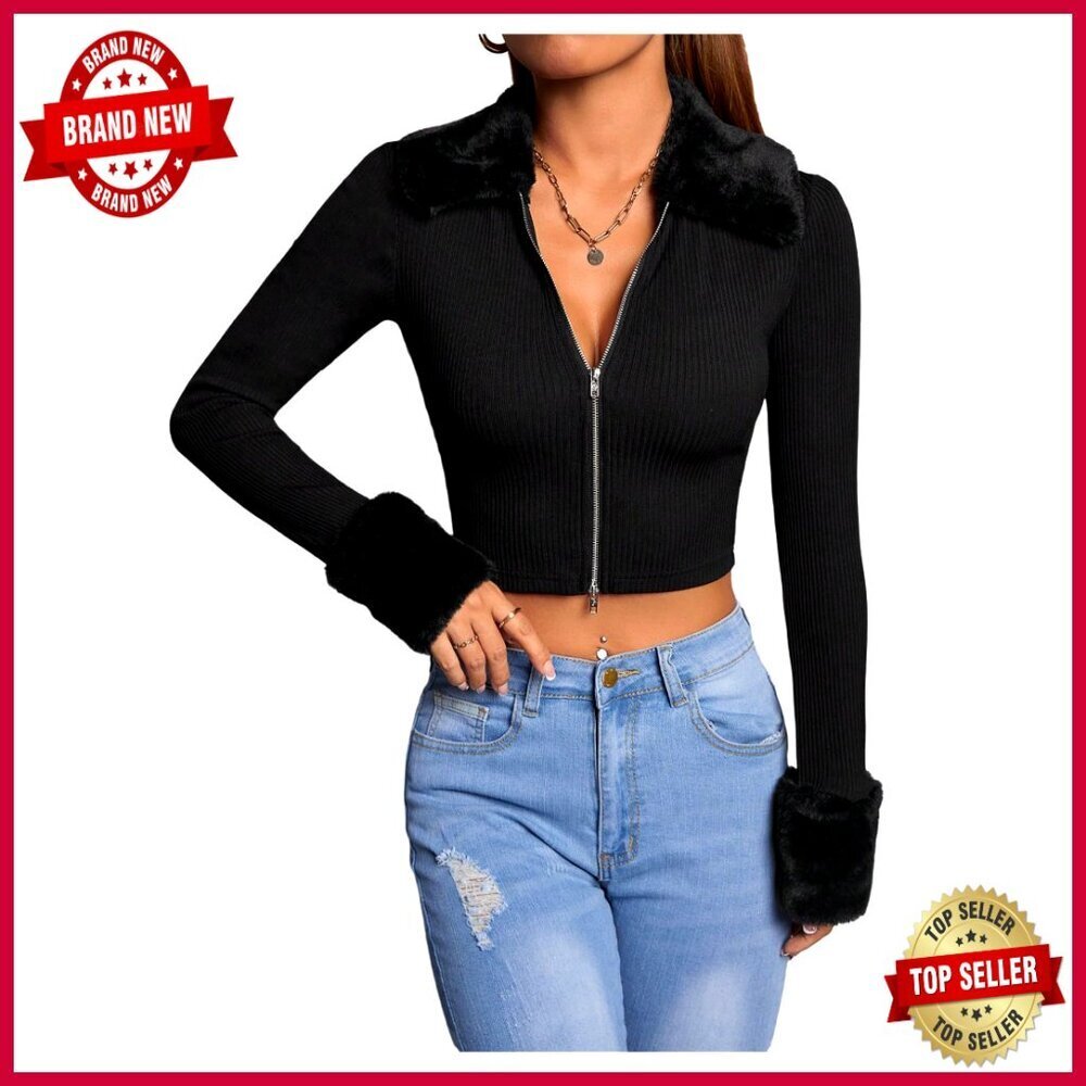 Petite Zip Up Fuzzy Cardigan Cropped Collared Knit Long Sleeve